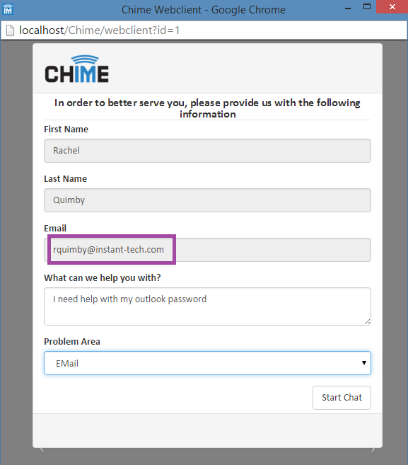 Chime's virtual agent will grab the email entered by the end user